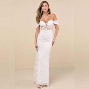 Lulus Midnight Sparkle White Embroidered Feather Bustier Maxi Dress Size Small